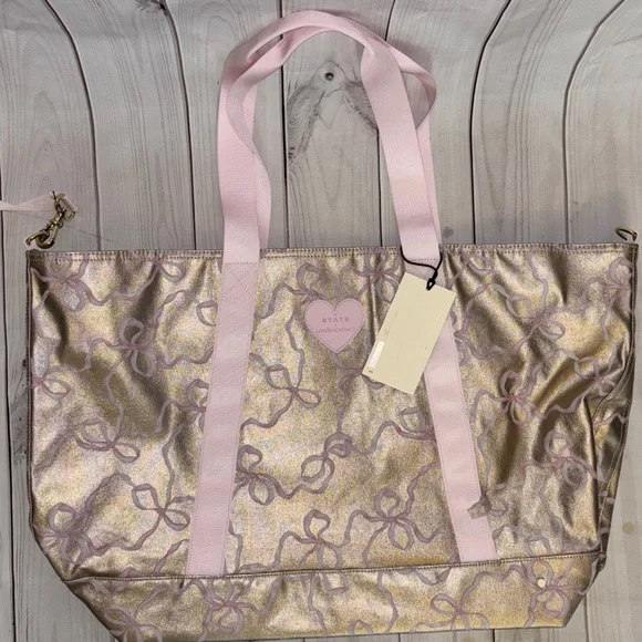 LoveShackFancy state pink & gold xl tote weekender, overnight travel /duffle bag